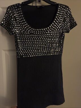 INC International Concepts Black Short-Sleeve Top with Silver Studs